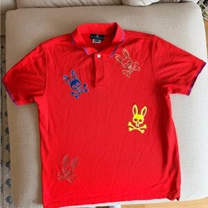 Psycho Bunny Red Polo with Colorful Bunny Designs